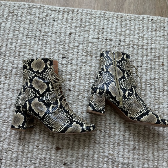 BY FAR Becca beige black snakeskin embossed leather lace up boots - Picture 9 of 14